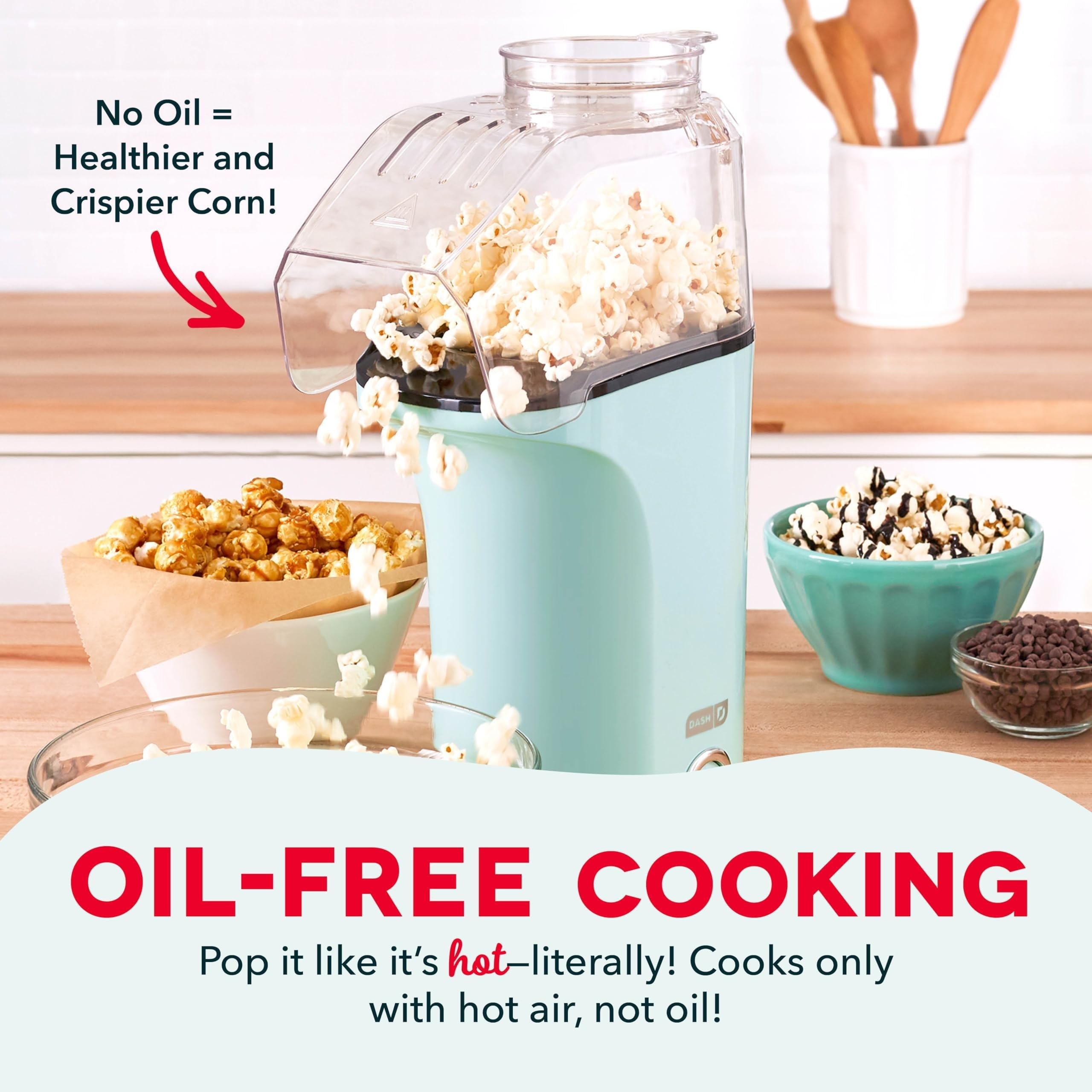 Dash Hot Air Popcorn Popper Maker With Measuring Cup To Portion Popping Corn Kernels + Melt Butter, 16 Cups - Aqua